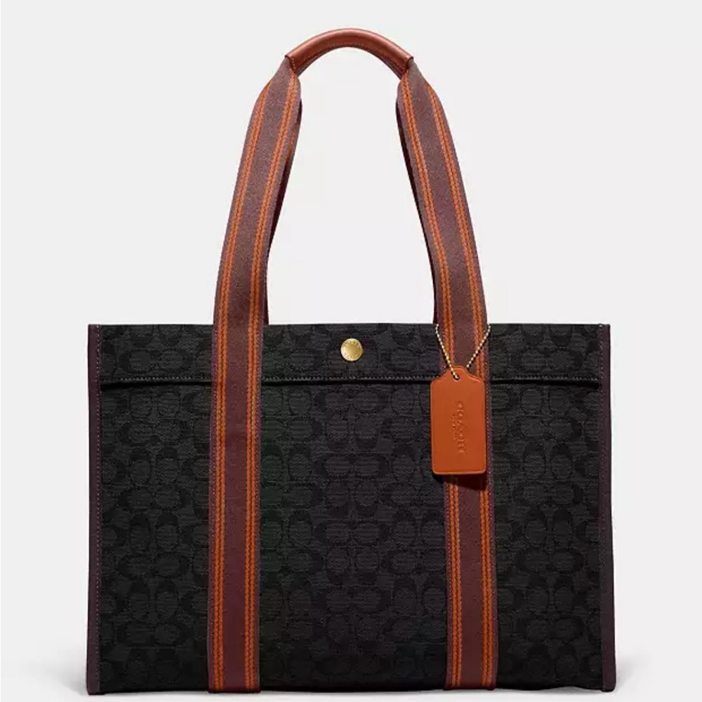 Coach Black Tote with Brown Striped Handles